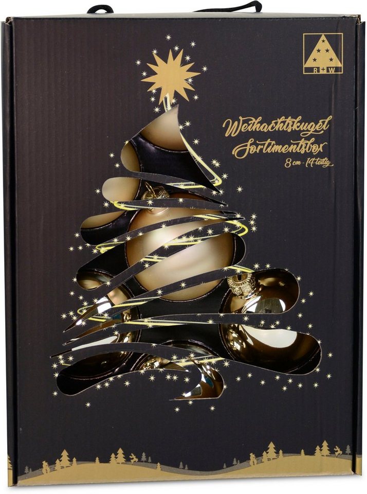 RIFFELMACHER & WEINBERGER Weihnachtsbaumkugel Weihnachtsdeko, Christbaumschmuck, Christbaumkugeln, champagnerfarben (14 St), Ø ca. 8 cm, aus Glas, mit praktischer Aufbewahrungsbox von RIFFELMACHER & WEINBERGER
