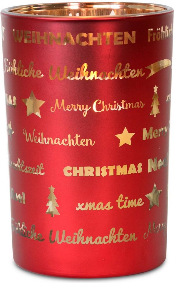 RIFFELMACHER & WEINBERGER Windlicht Fröhliche Weihnachten, Weihnachtsdeko, mit besonderem Schriftzug. aus Glas, Höhe 18 cm, Teelichthalter von RIFFELMACHER & WEINBERGER
