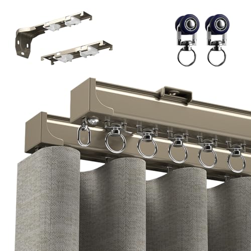 RIFWOVE Aluminium Gardinenschiene, Doppeltes Gardinenstangen-Set mit Geräuscharmen Rollen, Glänzend 2-läufig Vorhangschiene Innenlaufschiene für Gardinen und Vorhänge(Sekt,50cm(1.6ft)) von RIFWOVE
