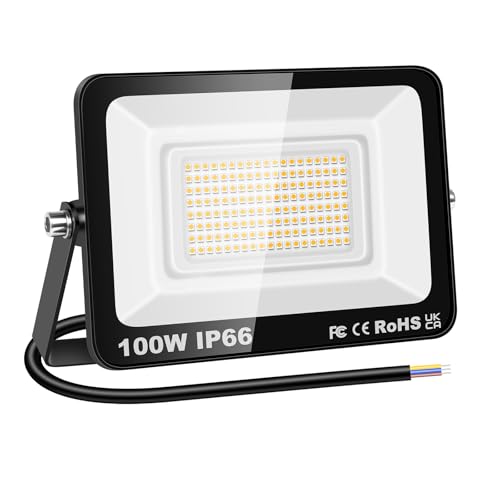 RIGIDON 1x 100W LED Strahler Außen, 10000LM Außenstrahler, 3000K Warmweiss IP66 Wasserdicht LED Fluter Scheinwerfer Flutlicht, Außenlampe für Garten, Innenhöfe, Garage, Hotel, Sportplatz, Werkstatt von RIGIDON
