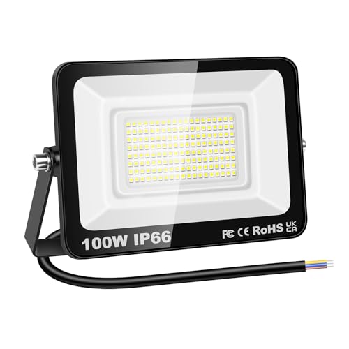 RIGIDON 1x 100W LED Strahler Außen, 10000LM Außenstrahler, 6000K Kaltweiß IP66 Wasserdicht LED Fluter Scheinwerfer Flutlicht, Außenlampe für Garten, Innenhöfe, Garage, Hotel, Sportplatz, Werkstatt von RIGIDON