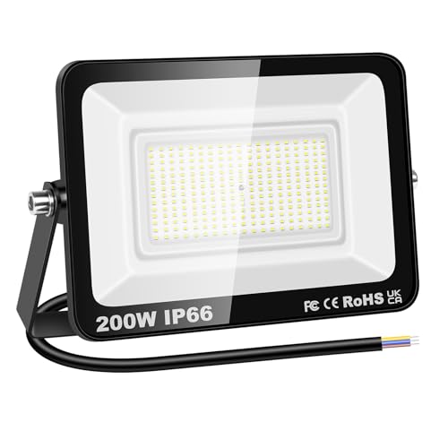 RIGIDON 1x 200W LED Strahler Außen, 20000LM Außenstrahler, 6000K Kaltweiß IP66 Wasserdicht LED Fluter Scheinwerfer Flutlicht, Außenlampe für Garten, Innenhöfe, Garage, Hotel, Sportplatz, Werkstatt von RIGIDON
