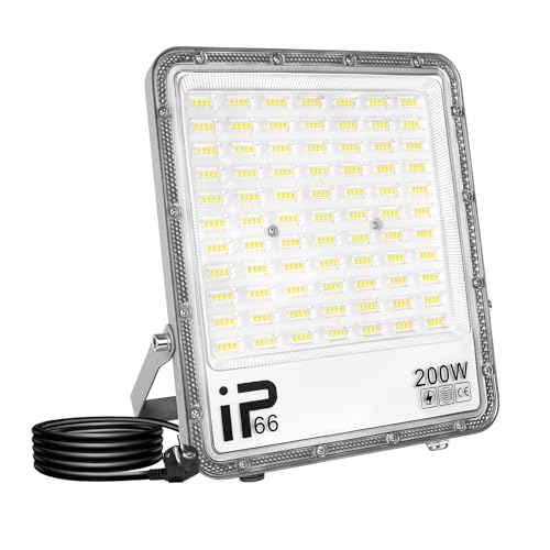 RIGIDON 1x 200W LED Strahler Außen mit Stecker, 20000LM Außenstrahler, 6000K Kaltweiß IP66 Wasserdicht LED Fluter Scheinwerfer Flutlicht für Garten, Innenhöfe, Garage, Terrassen, Hof (1.5M Netzkabel) von RIGIDON