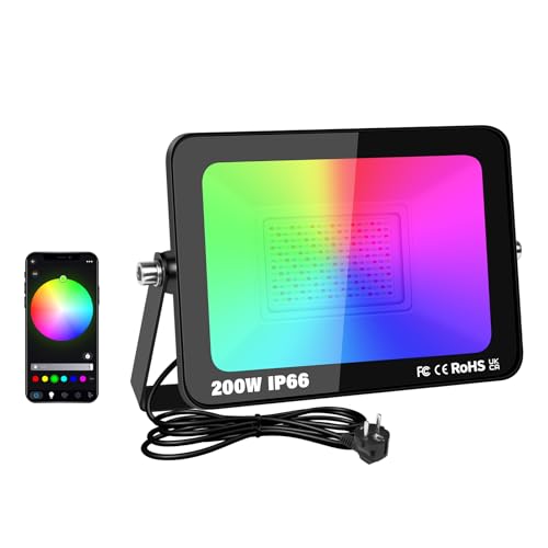 RIGIDON 1x 200W RGB LED Strahler APP-Steuerung, 20000LM RGBW Farbwechsel Flutlicht, Smart Dimmbar Timer Bunt Fluter Lampe Für Party Garten Baum Landschaft, Disco Feiern, Außen/Innen Wasserdicht IP66 von RIGIDON