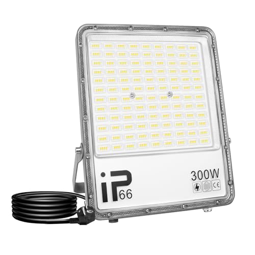 RIGIDON 1x 300W LED Strahler Außen mit Stecker, 30000LM Außenstrahler, 6000K Kaltweiß IP66 Wasserdicht LED Fluter Scheinwerfer Flutlicht für Garten, Innenhöfe, Garage, Terrassen, Hof (1.5M Netzkabel) von RIGIDON