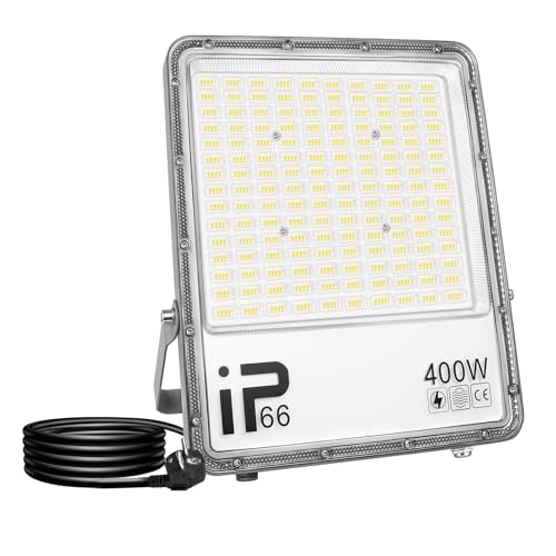 RIGIDON 1x 400W LED Strahler Außen mit Stecker, 40000LM Außenstrahler, 6000K Kaltweiß IP66 Wasserdicht LED Fluter Scheinwerfer Flutlicht für Garten, Innenhöfe, Garage, Terrassen, Hof (1.5M Netzkabel) von RIGIDON