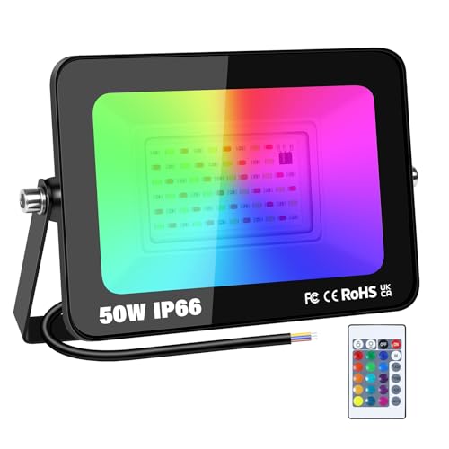 RIGIDON 1x 50W RGB LED Strahler Mit Fernbedienung, 5000LM RGBW Farbwechsel Flutlicht, 16 Farben 4 Modi Dimmbar Fluter Lampe Für Party Garten Baum Landschaft, Disco Feiern, Außen Wasserdicht IP66 von RIGIDON