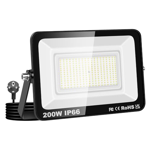 RIGIDON 200W LED Strahler Außen mit Stecker, 20000LM LED Außenstrahler Scheiwerfer 6000K Kaltweiß IP66 Wasserdicht fluter Flutlicht Außenlampe für Garage, Garten, Sportplatz, Terrasse, Hof von RIGIDON