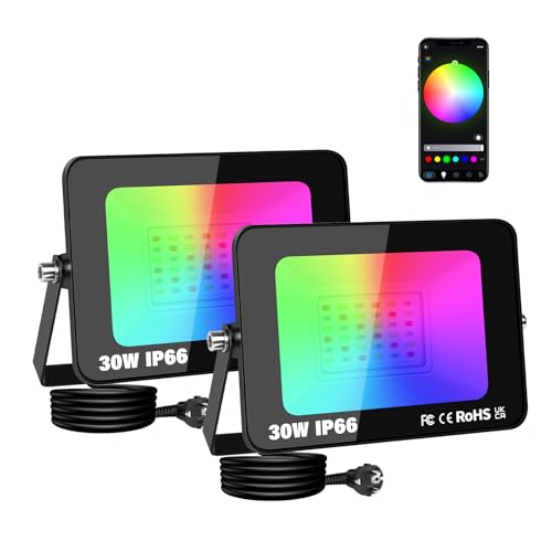 RIGIDON 2PCS RGB Strahler 30W, Smart LED Flutlicht Aussenstrahler, Farbwechsel Flutlichtstrahler APP Control Dimmbar Atmosphärenlicht Wasserdicht für Dekorative Bäume Landschaft Garten scheinwerfer von RIGIDON