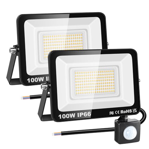 RIGIDON 2x 100W Aussenleuchte Bewegungsmelder Led Strahler, Außen Led Lampe, 10000LM 3000K Warmweiß Led Flutlicht Außenleuchte, Wasserdicht Außen-Leuchte Flutlicht Für Garten Garage Carport Hauswand von RIGIDON