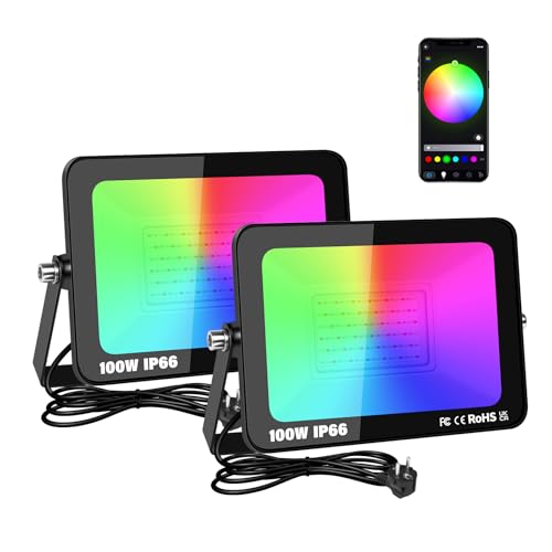 RIGIDON 2x 100W RGB LED Strahler APP-Steuerung, 10000LM RGBW Farbwechsel Flutlicht, Smart Dimmbar Timer Bunt Fluter Lampe Für Party Garten Baum Landschaft, Disco Feiern, Außen/Innen Wasserdicht IP66 von RIGIDON