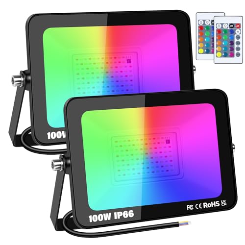 RIGIDON 2x 100W RGB LED Strahler Mit Fernbedienung, 10000LM RGBW Farbwechsel Flutlicht, 16 Farben 4 Modi Dimmbar Fluter Lampe Für Party Garten Baum Landschaft, Disco Feiern, Außen Wasserdicht IP66 von RIGIDON