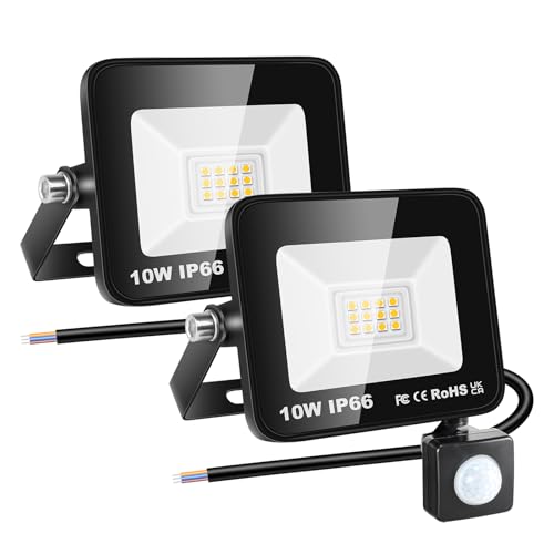 RIGIDON 2x 10W Aussenleuchte Bewegungsmelder Led Strahler, Außen Led Lampe, 1000LM 4000K Warmweiß Led Flutlicht Außenleuchte, Wasserdicht Außen-Leuchte Flutlicht Für Garten Garage Carport Hauswand von RIGIDON