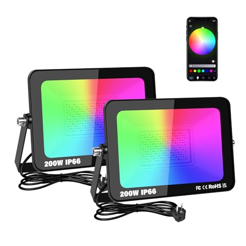 RIGIDON 2x 200W RGB LED Strahler APP-Steuerung, 20000LM RGBW Farbwechsel Flutlicht, Smart Dimmbar Timer Bunt Fluter Lampe Für Party Garten Baum Landschaft, Disco Feiern, Außen/Innen Wasserdicht IP66 von RIGIDON