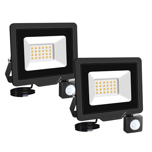 RIGIDON 2x 20W 2000LM Aussenleuchte Bewegungsmelder Led Strahler, Außen Led Lampe, 4000K Warmweiß Led Flutlicht Außenleuchte, Wasserdicht Außen-Leuchte Flutlicht Für Garten Garage Carport Hauswand von RIGIDON