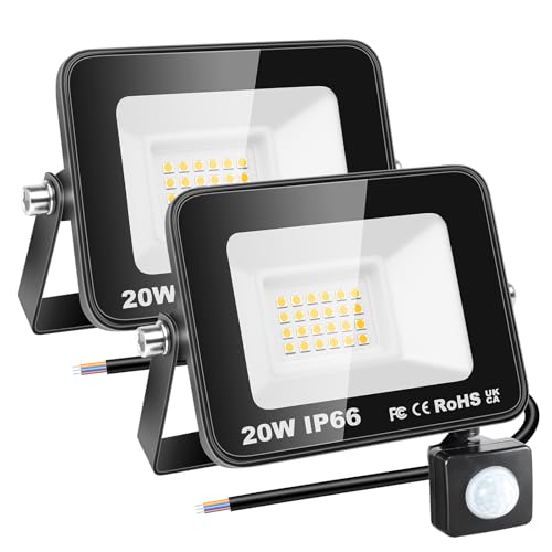 RIGIDON 2x 20W Aussenleuchte Bewegungsmelder Led Strahler, Außen Led Lampe, 2000LM 3000K Warmweiß Led Flutlicht Außenleuchte, Wasserdicht Außen-Leuchte Flutlicht Für Garten Garage Carport Hauswand von RIGIDON