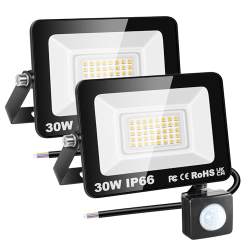 RIGIDON 2x 30W Aussenleuchte Bewegungsmelder Led Strahler, Außen Led Lampe, 3000LM 3000K Warmweiß Led Flutlicht Außenleuchte, Wasserdicht Außen-Leuchte Flutlicht Für Garten Garage Carport Hauswand von RIGIDON