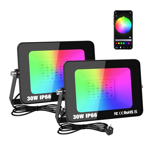 RIGIDON 2x 30W RGB LED Strahler APP-Steuerung, 3000LM RGBW Farbwechsel Flutlicht, Smart Dimmbar Timer Bunt Fluter Lampe Für Party Garten Baum Landschaft, Disco Feiern, Außen/Innen Wasserdicht IP66 von RIGIDON