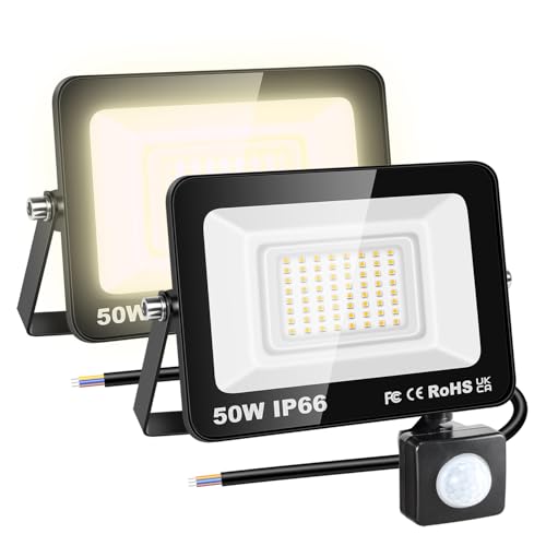 RIGIDON 2x 50W 5000LM Aussenleuchte Bewegungsmelder Led Strahler, Außen Leds Lampe, 3000K Warmweiß Wasserdicht Flutlicht Außenleuchte, Für Garten Garage Carport Hauswand von RIGIDON