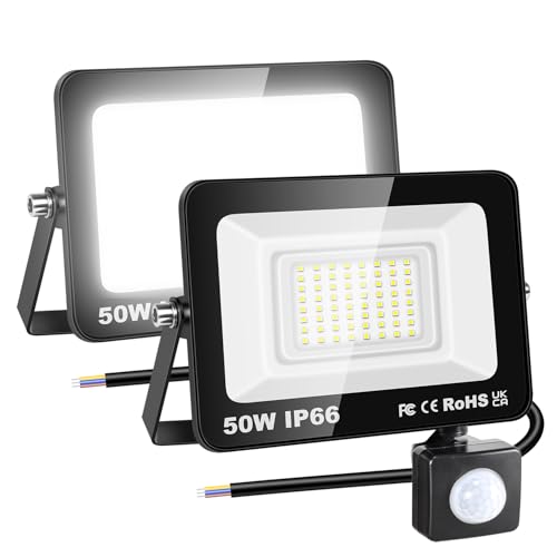 RIGIDON 2x 50W 5000LM Aussenleuchte Bewegungsmelder Led Strahler, Außen Led Lampe, 6000K Kaltweiß Led Flutlicht Außenleuchte, Wasserdicht Außen-Leuchte Flutlicht Für Garten Garage Carport Hauswand von RIGIDON