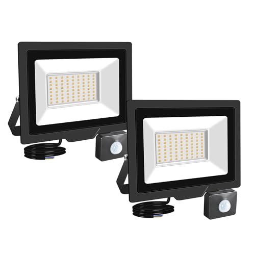 RIGIDON 2x 50W Aussenleuchte Bewegungsmelder Led Strahler, Außen Led Lampe, 5000LM 4000K Warmweiß Led Flutlicht Außenleuchte, Wasserdicht Außen-Leuchte Flutlicht Für Garten Garage Carport Hauswand von RIGIDON