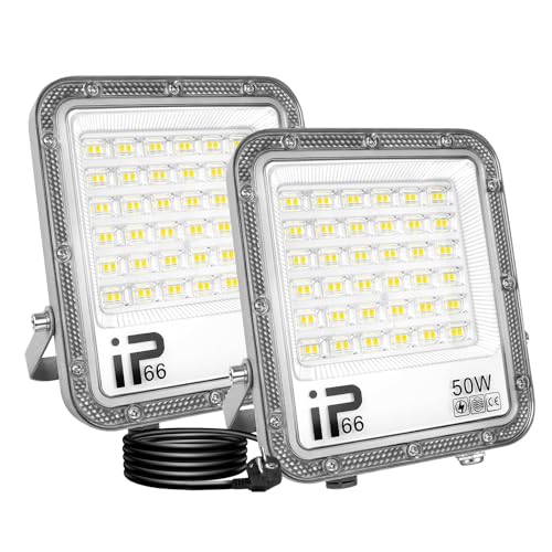 RIGIDON 2x 50W LED Strahler Außen mit Stecker, 5000LM Außenstrahler, 6000K Kaltweiß IP66 Wasserdicht LED Fluter Scheinwerfer Flutlicht für Garten, Innenhöfe, Garage, Terrassen, Hof (1M Netzkabel) von RIGIDON