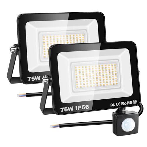 RIGIDON 2x 75W Aussenleuchte Bewegungsmelder Led Strahler, Außen Led Lampe, 7500LM 3000K Warmweiß Led Flutlicht Außenleuchte, Wasserdicht Außen-Leuchte Flutlicht Für Garten Garage Carport Hauswand von RIGIDON