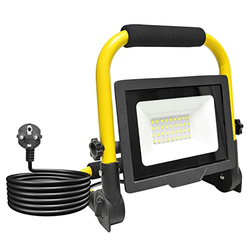 RIGIDON 30W LED Baustrahler, 3000LM Tragbarer Aufklappbarer 360° Led Arbeitsscheinwerfer, Led Strahler Arbeitsstrahler Mit Stecker, IP66 Bauscheinwerfer, Für Werkstatt Baustelle Garage Garten, 6000K von RIGIDON