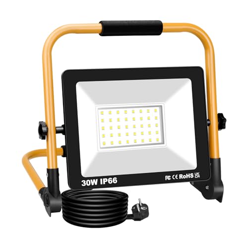 RIGIDON 30W LED Baustrahler, 3000LM Tragbarer Led Arbeitsscheinwerfer, Led Strahler Arbeitsstrahler Mit Stecker, IP66 Bauscheinwerfer, Für Werkstatt Baustelle Garage Garten, 6000K von RIGIDON