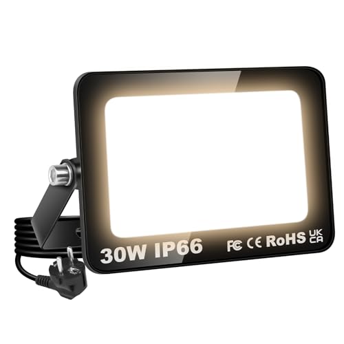 RIGIDON 30W LED Strahler Außen mit Stecker, 3000LM LED Außenstrahler Scheiwerfer 3000K Warmweiß Fluter Flutlicht IP66 Wasserdicht Außenleuchte für Garage, Garten, Sportplatz, Terrasse, Hof von RIGIDON