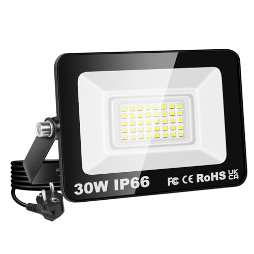 RIGIDON 30W LED Strahler Außen mit Stecker, 3000LM LED Außenstrahler Scheiwerfer 6000K Kaltweiß IP66 Wasserdicht fluter Flutlicht Außenlampe für Garage, Garten, Sportplatz, Terrasse, Hof von RIGIDON