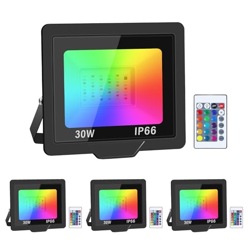RIGIDON 4 Pack RGB Strahler 30W 3000LM RGB LED Strahler mit Fernbedienung 16 Farben 4 Modi IP66 Wasserdicht RGBW Farbwechsel Flutlicht Outdoor Für Party Garten Baum Landschaft Disco Feiern von RIGIDON