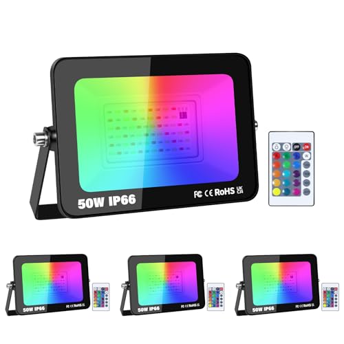 RIGIDON 4 Pack RGB Strahler 50W 5000LM RGB LED Strahler mit Fernbedienung 16 Farben 4 Modi IP66 Wasserdicht RGBW Farbwechsel Flutlicht Outdoor Für Party Garten Baum Landschaft Disco Feiern von RIGIDON