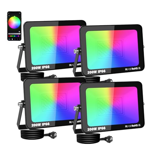 RIGIDON 4PCS RGB Strahler 200W, Smart LED Flutlicht Aussenstrahler, Farbwechsel Flutlichtstrahler APP Control Dimmbar Atmosphärenlicht Wasserdicht für Dekorative Bäume Landschaft Garten scheinwerfer von RIGIDON