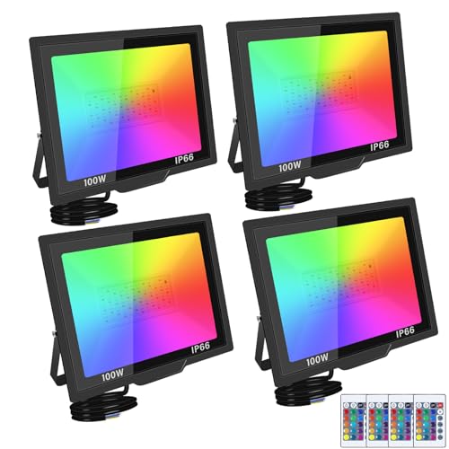 RIGIDON 4x 100W RGB LED Strahler Mit Fernbedienung, 10000LM RGBW Farbwechsel Flutlicht, 16 Farben 4 Modi Dimmbar Fluter Lampe Für Party Garten Baum Landschaft, Disco Feiern, Außen Wasserdicht IP66 von RIGIDON