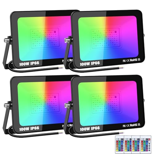 RIGIDON 4x 100W RGB LED Strahler Mit Fernbedienung, 10000LM RGBW Farbwechsel Flutlicht, 16 Farben 4 Modi Dimmbar Fluter Lampe Für Party Garten Baum Landschaft, Disco Feiern, Außen Wasserdicht IP66 von RIGIDON