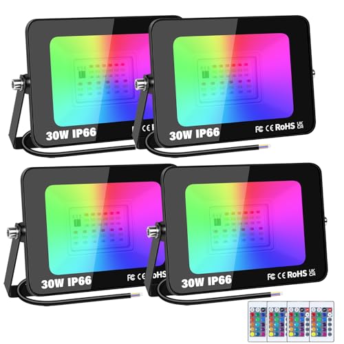 RIGIDON 4x 30W RGB LED Strahler Mit Fernbedienung, 3000LM RGBW Farbwechsel Flutlicht, 16 Farben 4 Modi Dimmbar Fluter Lampe Für Party Garten Baum Landschaft, Disco Feiern, Außen Wasserdicht IP66 von RIGIDON