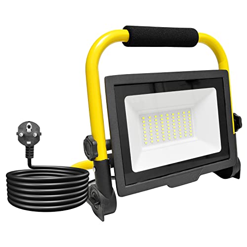 RIGIDON 50W LED Baustrahler, 5000LM Tragbarer Aufklappbarer 360° Led Arbeitsscheinwerfer, Led Strahler Arbeitsstrahler Mit Stecker, IP66 Bauscheinwerfer, Für Werkstatt Baustelle Garage Garten, 6000K von RIGIDON