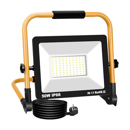 RIGIDON 50W LED Baustrahler, 5000LM Tragbarer Led Arbeitsscheinwerfer, Led Strahler Arbeitsstrahler Mit Stecker, IP66 Bauscheinwerfer, Für Werkstatt Baustelle Garage Garten, 6000K von RIGIDON