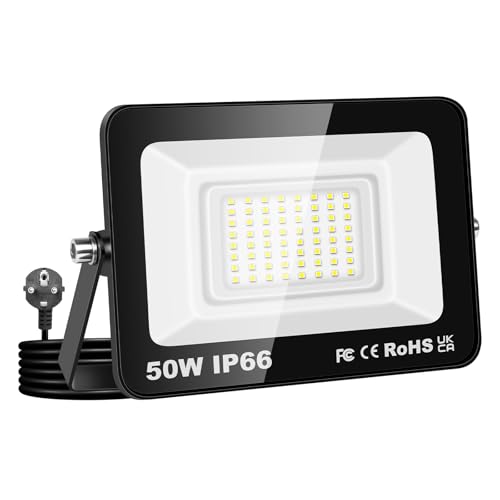 RIGIDON 50W LED Strahler Außen mit Stecker, 5000LM LED Außenstrahler Scheiwerfer 6000K Kaltweiß IP66 Wasserdicht fluter Flutlicht Außenlampe für Garage, Garten, Sportplatz, Terrasse, Hof von RIGIDON