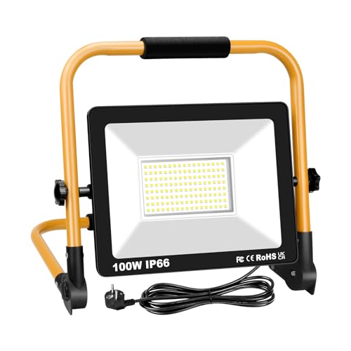 RIGIDON LED Baustrahler 100W, 10000LM Tragbarer Led Arbeitsscheinwerfer, LED Arbeitsleuchte mit Stecker, Wasserdichtes Bauscheinwerfer für Werkstatt Baustelle Garage Garten 6000K von RIGIDON