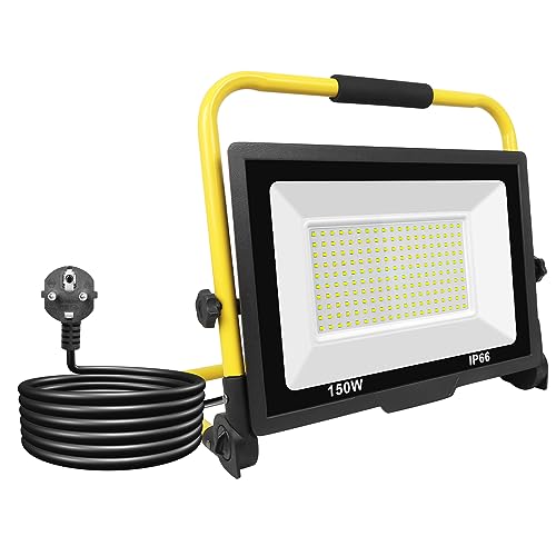 RIGIDON LED Baustrahler 150W, 15000LM Tragbarer Led Arbeitsscheinwerfer, LED Arbeitsleuchte mit Stecker, Wasserdichtes Bauscheinwerfer für Werkstatt Baustelle Garage Garten 6000K von RIGIDON