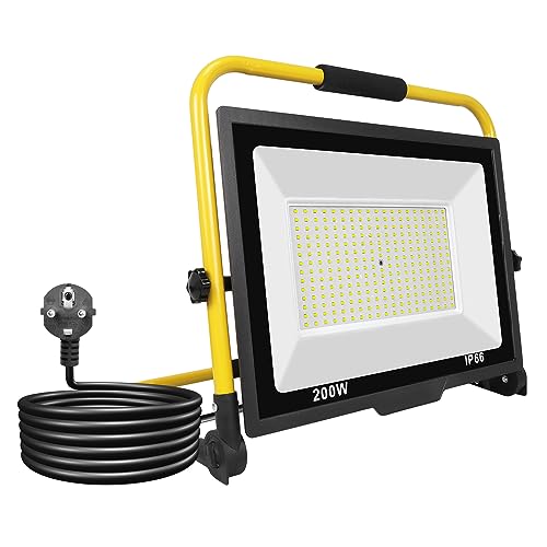 RIGIDON LED Baustrahler 200W, 20000LM Tragbarer Led Arbeitsscheinwerfer, LED Arbeitsleuchte mit Stecker, Wasserdichtes Bauscheinwerfer für Werkstatt Baustelle Garage Garten 6000K von RIGIDON