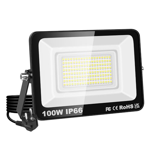 RIGIDON LED Strahler Außen & Innen mit Stecker, 1x 100W 10000LM 230V Spotlight, Fluter Scheinwerfer Flutlicht für Garten Garage Terrassen Hof, Baustellen Arbeitsstrahler, 6000K Kaltweiß Wasserdicht von RIGIDON