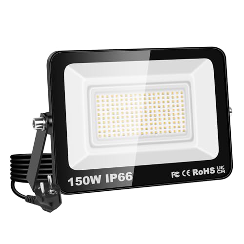 RIGIDON LED Strahler Außen & Innen mit Stecker, 1x 150W 15000LM 230V Spotlight, Fluter Scheinwerfer Flutlicht für Garten Garage Terrassen Hof, Baustellen Arbeitsstrahler, 3000K Warmweiß Wasserdicht von RIGIDON