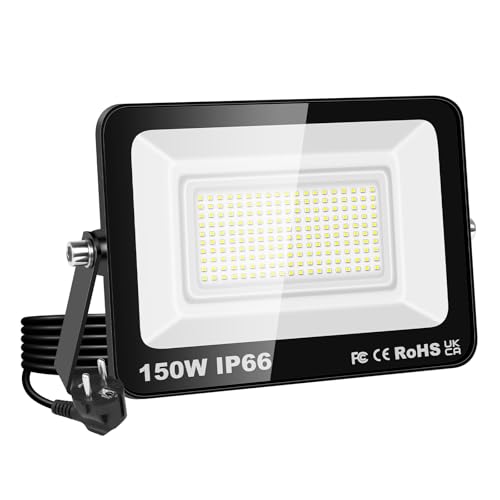 RIGIDON LED Strahler Außen & Innen mit Stecker, 1x 150W 15000LM 230V Spotlight, Fluter Scheinwerfer Flutlicht für Garten Garage Terrassen Hof, Baustellen Arbeitsstrahler, 6000K Kaltweiß Wasserdicht von RIGIDON