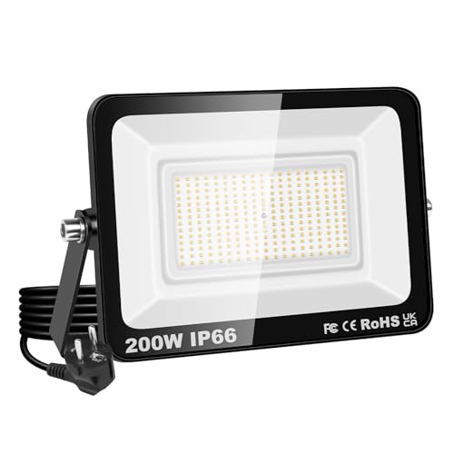 RIGIDON LED Strahler Außen & Innen mit Stecker, 1x 200W 20000LM 230V Spotlight, Fluter Scheinwerfer Flutlicht für Garten Garage Terrassen Hof, Baustellen Arbeitsstrahler, 3000K Warmweiß Wasserdicht von RIGIDON