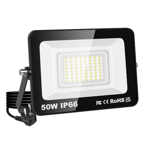 RIGIDON LED Strahler Außen & Innen mit Stecker, 1x 50W 5000LM 230V Spotlight, Fluter Scheinwerfer Flutlicht für Garten Garage Terrassen Hof, Baustellen Arbeitsstrahler, 6000K Kaltweiß Wasserdicht von RIGIDON