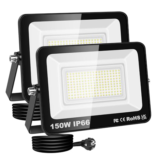 RIGIDON LED Strahler Außen & Innen mit Stecker, 2x 150W 15000LM 230V Spotlight, Fluter Scheinwerfer Flutlicht für Garten Garage Terrassen Hof, Baustellen Arbeitsstrahler, 6000K Kaltweiß Wasserdicht von RIGIDON