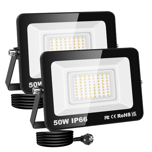 RIGIDON LED Strahler Außen & Innen mit Stecker, 2x 50W 5000LM 230V Spotlight, Fluter Scheinwerfer Flutlicht für Garten Garage Terrassen Hof, Baustellen Arbeitsstrahler, 3000K Warmweiß Wasserdicht von RIGIDON